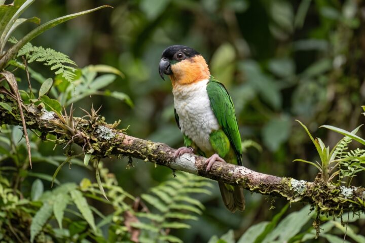 Black-headed Caique showing a black crown, orange-buff nape and cheeks, a clean white breast and belly, green back, wings and thighs, yellow-green flanks, grey-black bill