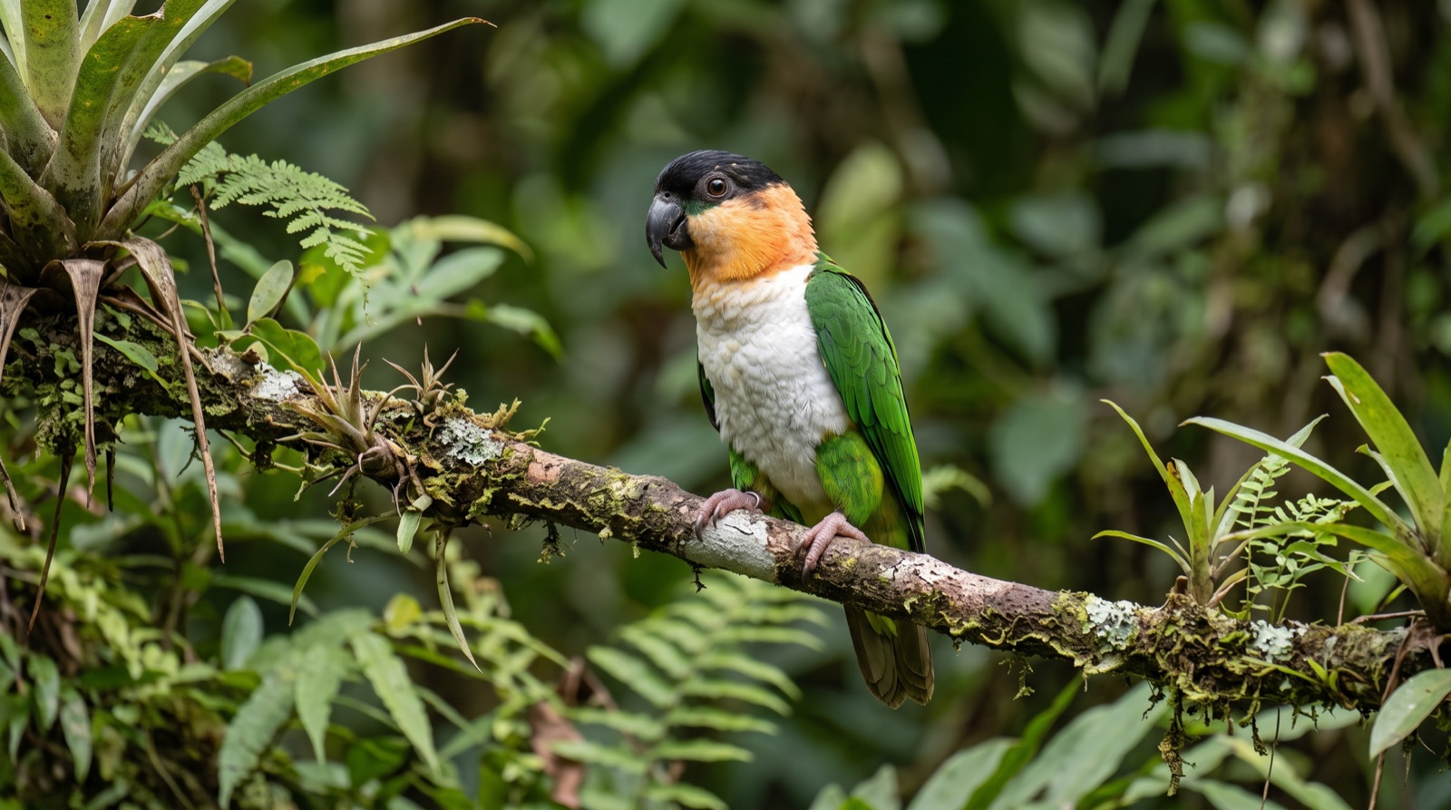 Black-headed Caique showing a black crown, orange-buff nape and cheeks, a clean white breast and belly, green back, wings and thighs, yellow-green flanks, grey-black bill