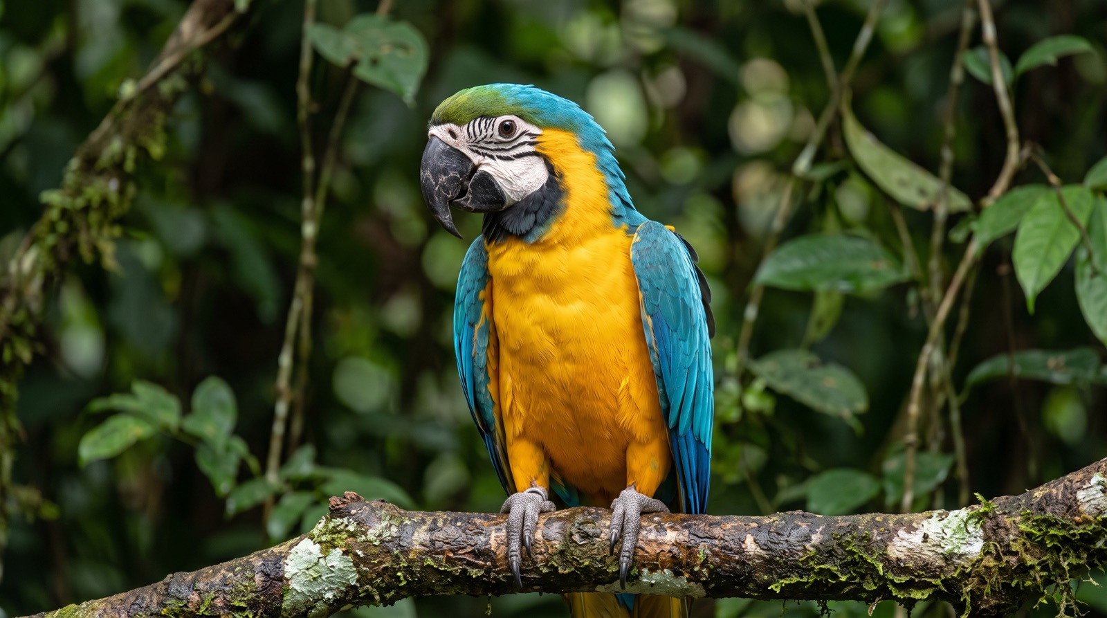 Blue-and-Gold Macaw showing turquoise-blue crown, back and wings, rich golden-yellow breast and underparts, bare white facial patch marked with fine black feather lines, black chin stripe, green forehead, black bill