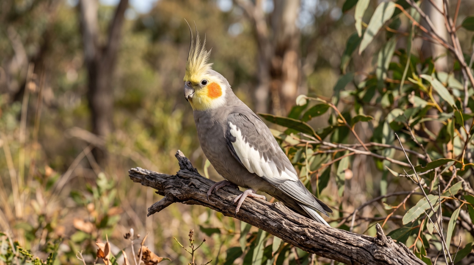 Cockatiel showing soft grey body, a bold white panel along the wing, a slender erect grey-and-yellow crest, a bright orange round cheek patch, yellow face