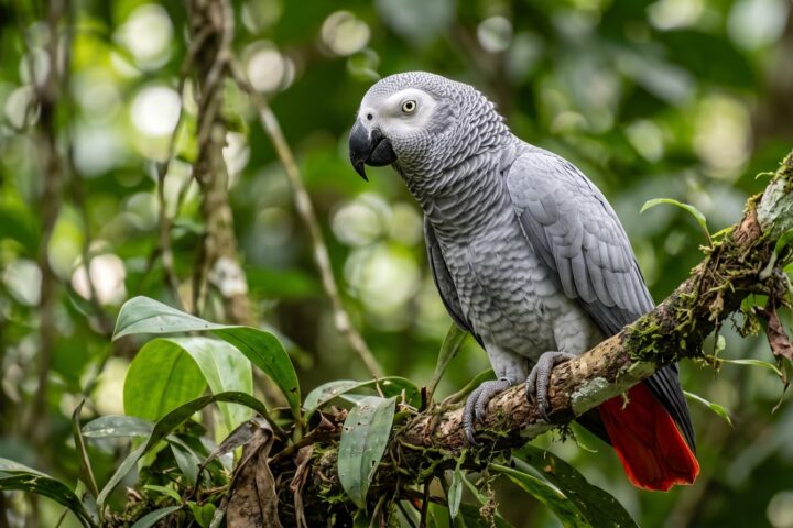 Congo African Grey showing pale to mid grey plumage with fine pale scalloped feather edging, darker grey wings, a bright scarlet tail, black bill, pale yellow iris, bare white skin around the eye