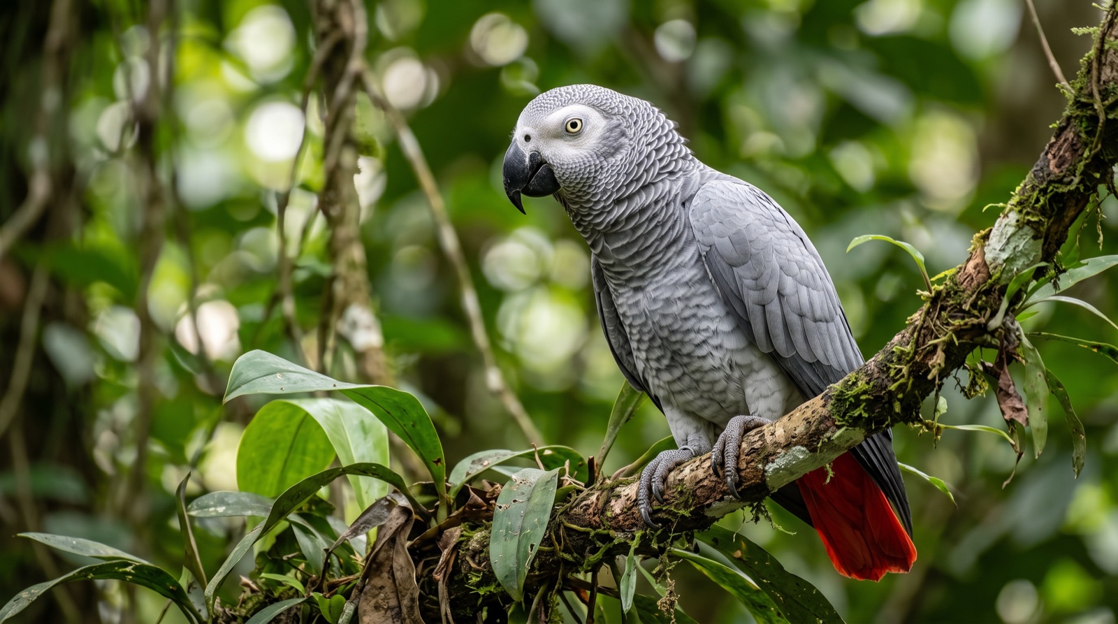 Congo African Grey showing pale to mid grey plumage with fine pale scalloped feather edging, darker grey wings, a bright scarlet tail, black bill, pale yellow iris, bare white skin around the eye