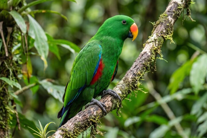 Eclectus Parrot showing an adult male in brilliant emerald green plumage with red flanks and underwing coverts, blue primary feathers, and a striking orange-and-yellow upper mandible over a blue-black lower mandible