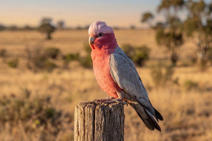 Galah showing deep rose-pink face, breast and underparts, pale pink crown and short crest, soft grey back, wings and tail, bone-coloured bill
