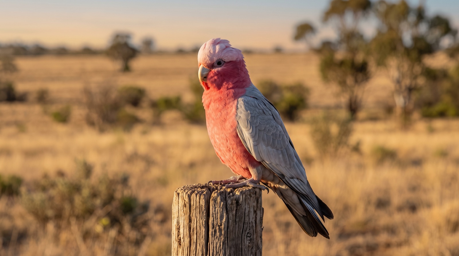 Galah showing deep rose-pink face, breast and underparts, pale pink crown and short crest, soft grey back, wings and tail, bone-coloured bill