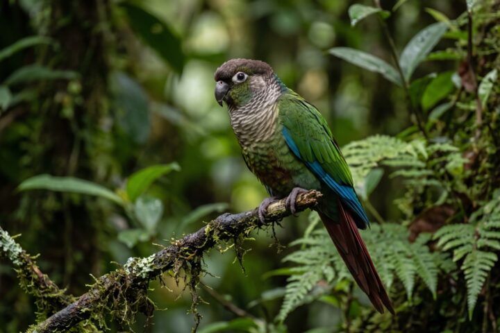 Green-cheeked Conure showing dark green back and wings, dull green cheeks, a brown-black crown, grey scalloped breast, blue primary flight feathers, a maroon tail, grey-black bill