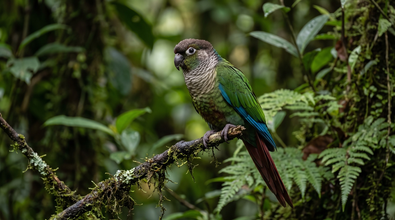 Green-cheeked Conure showing dark green back and wings, dull green cheeks, a brown-black crown, grey scalloped breast, blue primary flight feathers, a maroon tail, grey-black bill