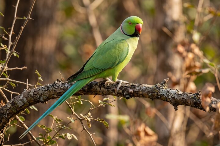 Indian Ringneck Parakeet showing bright green plumage, a very long tapering blue-green tail, a red-orange upper bill, and on the adult male a black chin with a rose-pink and black collar around the neck