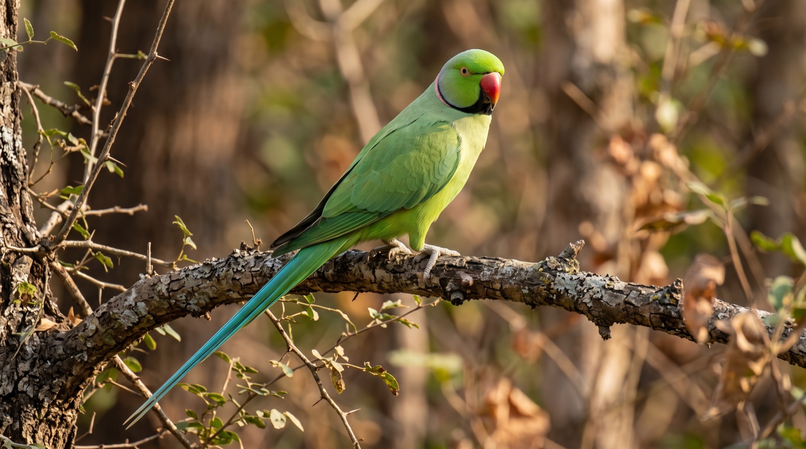 Indian Ringneck Parakeet showing bright green plumage, a very long tapering blue-green tail, a red-orange upper bill, and on the adult male a black chin with a rose-pink and black collar around the neck