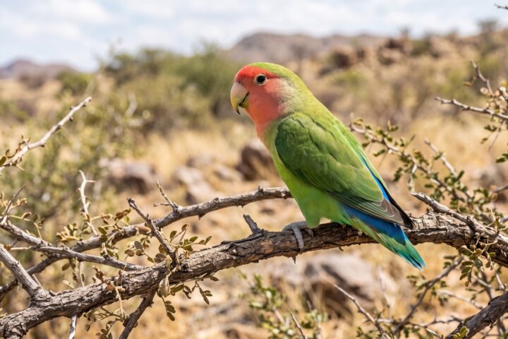 Rosy-faced Lovebird showing green body plumage, a rose-pink face, forehead and throat, a vivid blue rump, a horn-coloured bill and a short square green tail