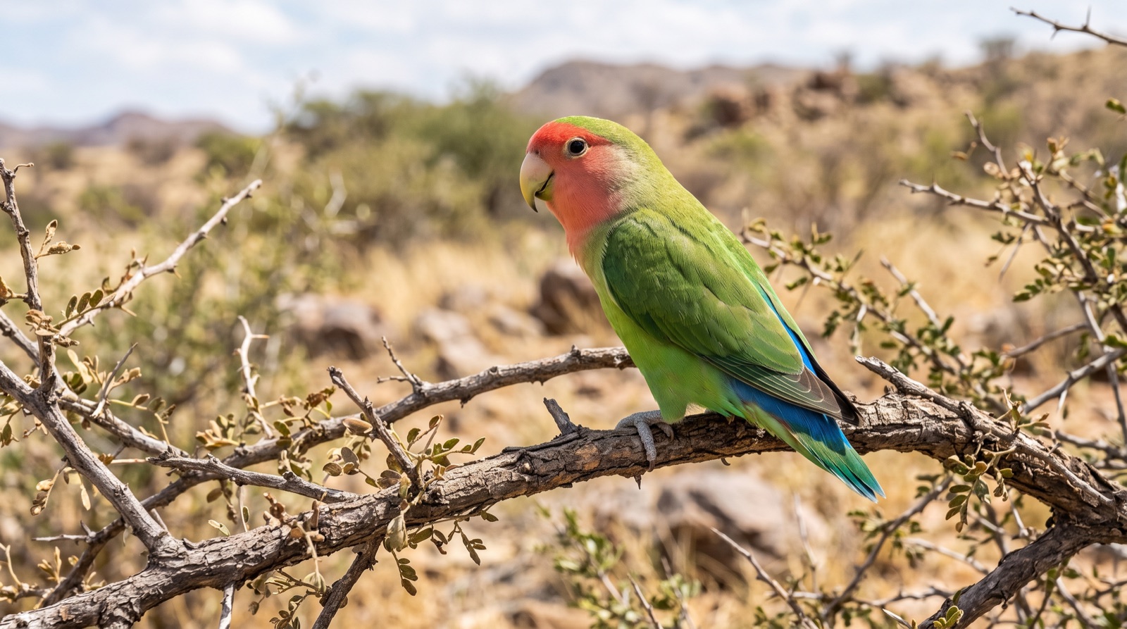 Rosy-faced Lovebird showing green body plumage, a rose-pink face, forehead and throat, a vivid blue rump, a horn-coloured bill and a short square green tail