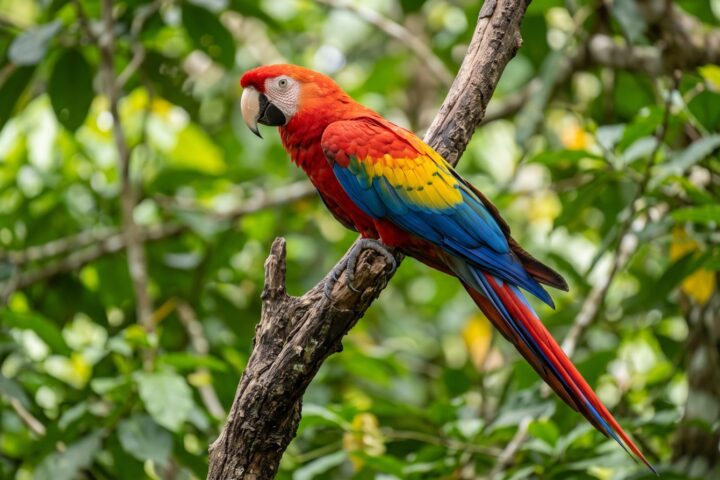 Scarlet Macaw showing scarlet head, breast and body, wing coverts grading from scarlet through yellow to blue flight feathers, bare white face, pale upper mandible with black lower mandible, long scarlet tail tipped blue