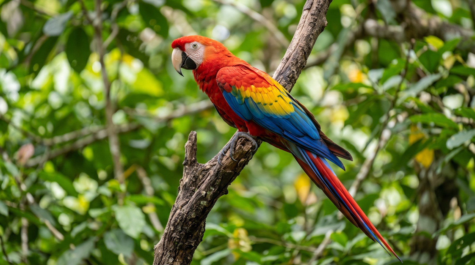 Scarlet Macaw showing scarlet head, breast and body, wing coverts grading from scarlet through yellow to blue flight feathers, bare white face, pale upper mandible with black lower mandible, long scarlet tail tipped blue