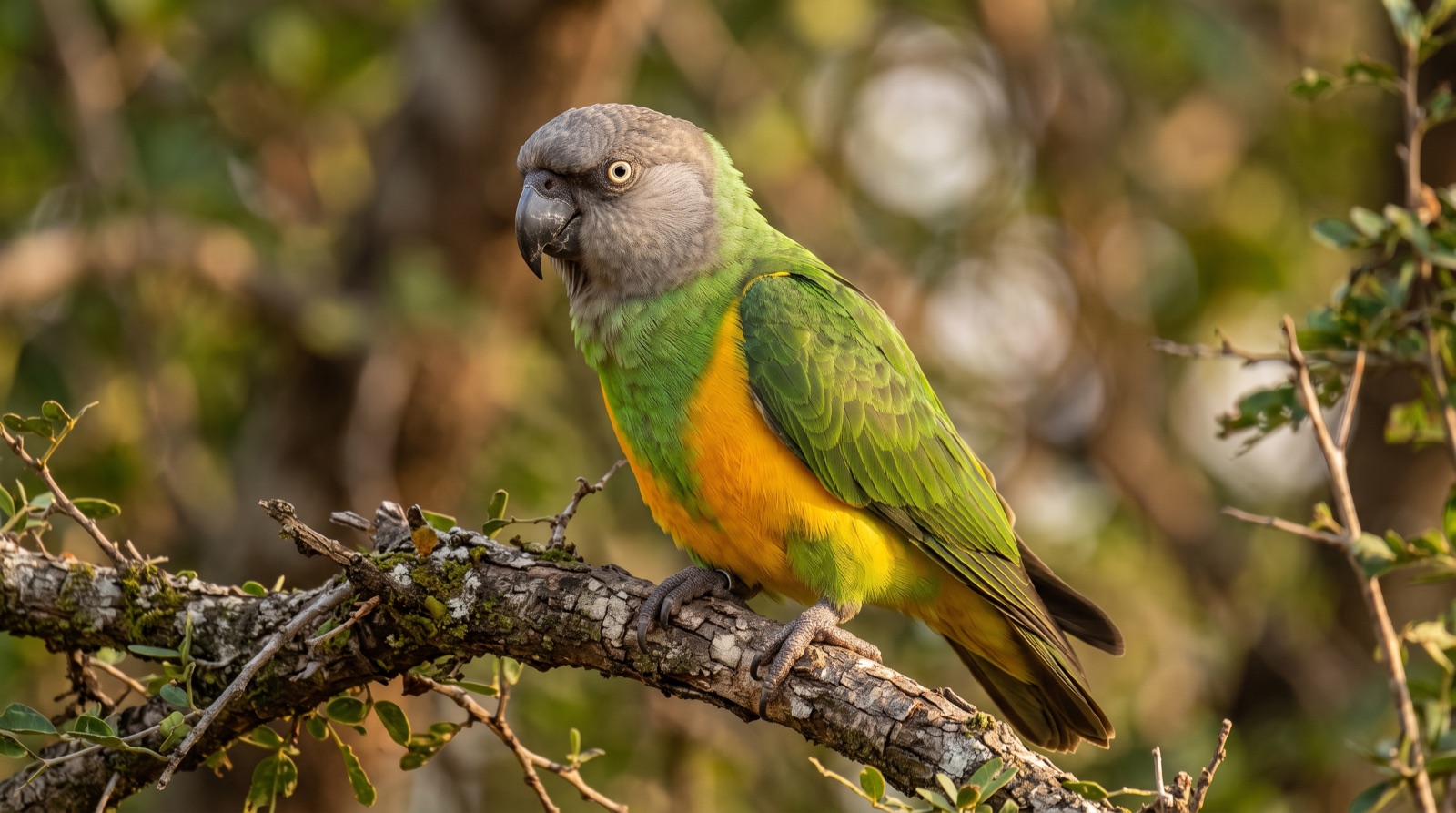 Senegal Parrot showing a grey head, green back, wings and throat forming a V against the breast, a bright yellow-orange belly and vent, dark grey bill, pale yellow iris