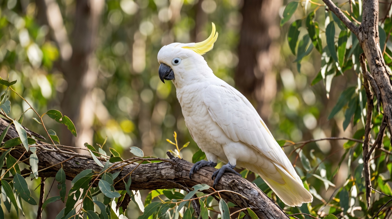 Sulphur-crested Cockatoo showing white plumage, a narrow forward-curving sulphur-yellow crest, dark grey-black bill, pale yellow wash under the wings, pale grey skin around the eye