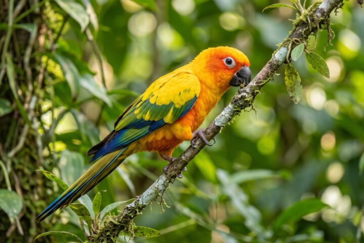 Sun Conure showing brilliant golden-yellow head and body washed orange around the eyes and belly, green and blue flight feathers, olive-green tail tipped blue, black bill, bare white eye-ring