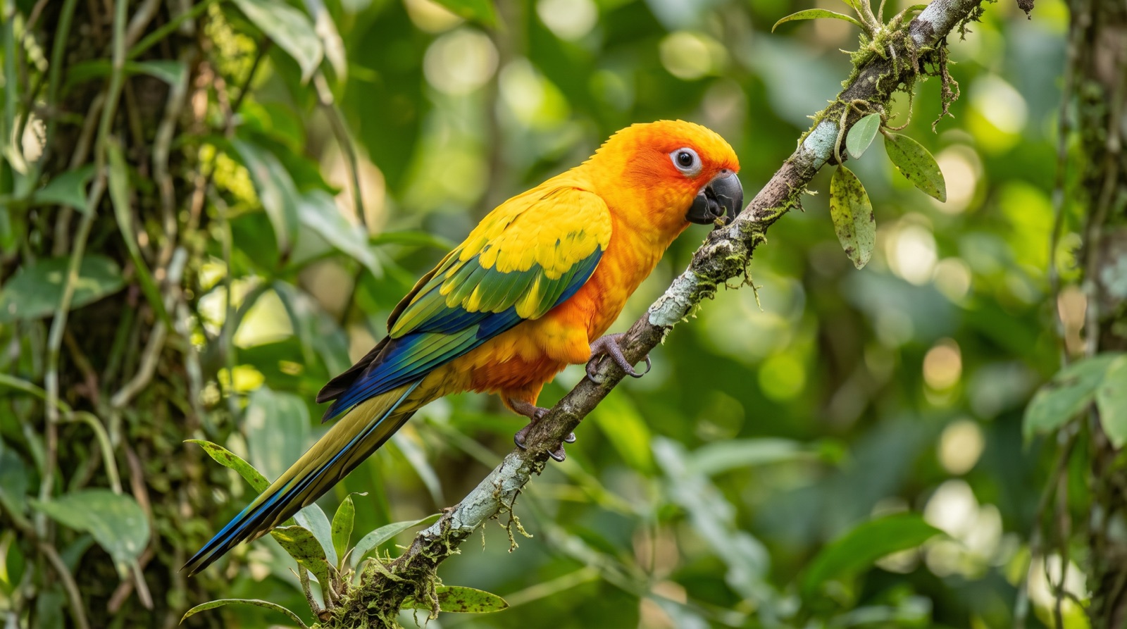 Sun Conure showing brilliant golden-yellow head and body washed orange around the eyes and belly, green and blue flight feathers, olive-green tail tipped blue, black bill, bare white eye-ring