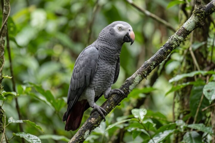 Timneh African Grey showing dark charcoal-grey plumage, a deep maroon tail, a horn-coloured pale pink-tan patch on the upper mandible, pale yellow iris, bare pale facial skin