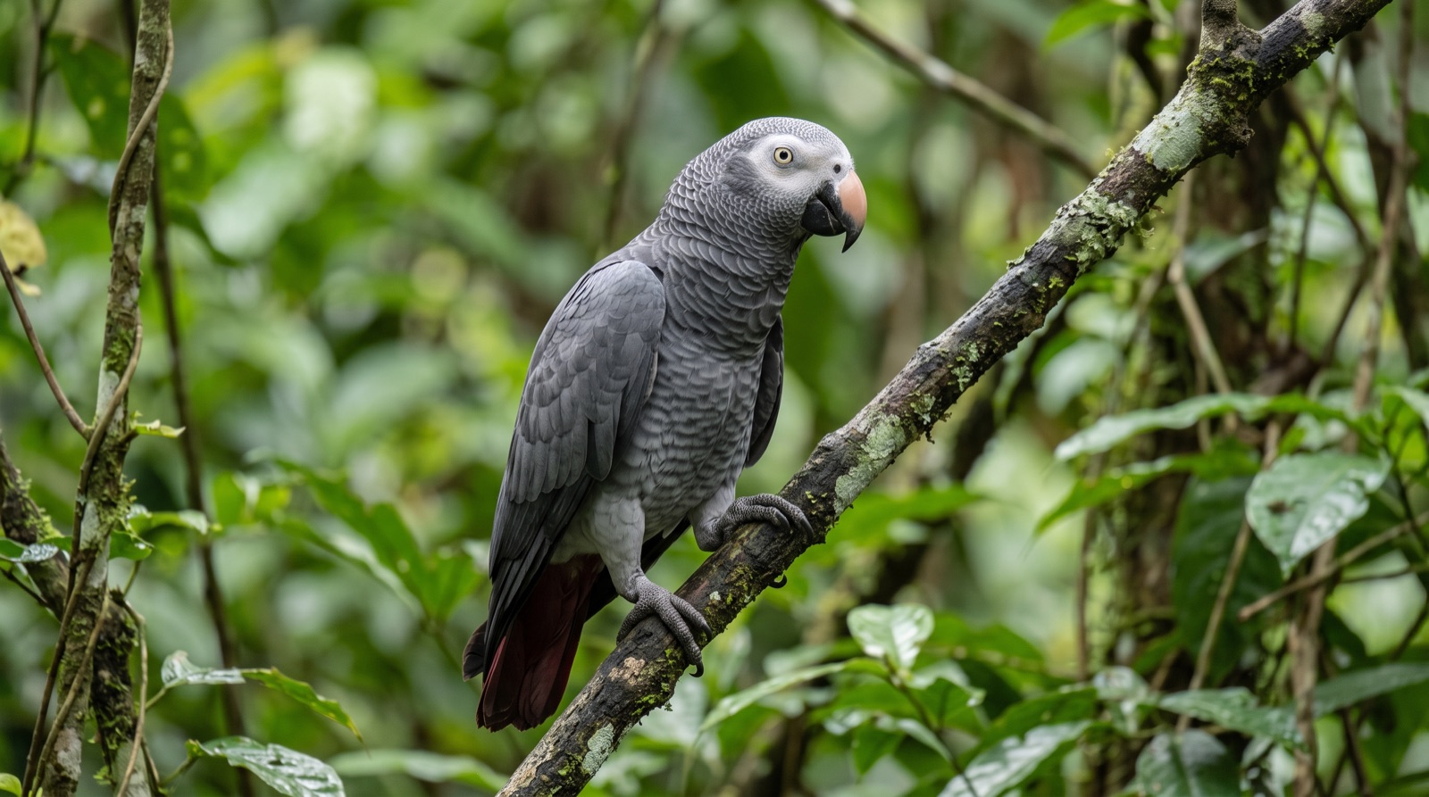 Timneh African Grey showing dark charcoal-grey plumage, a deep maroon tail, a horn-coloured pale pink-tan patch on the upper mandible, pale yellow iris, bare pale facial skin