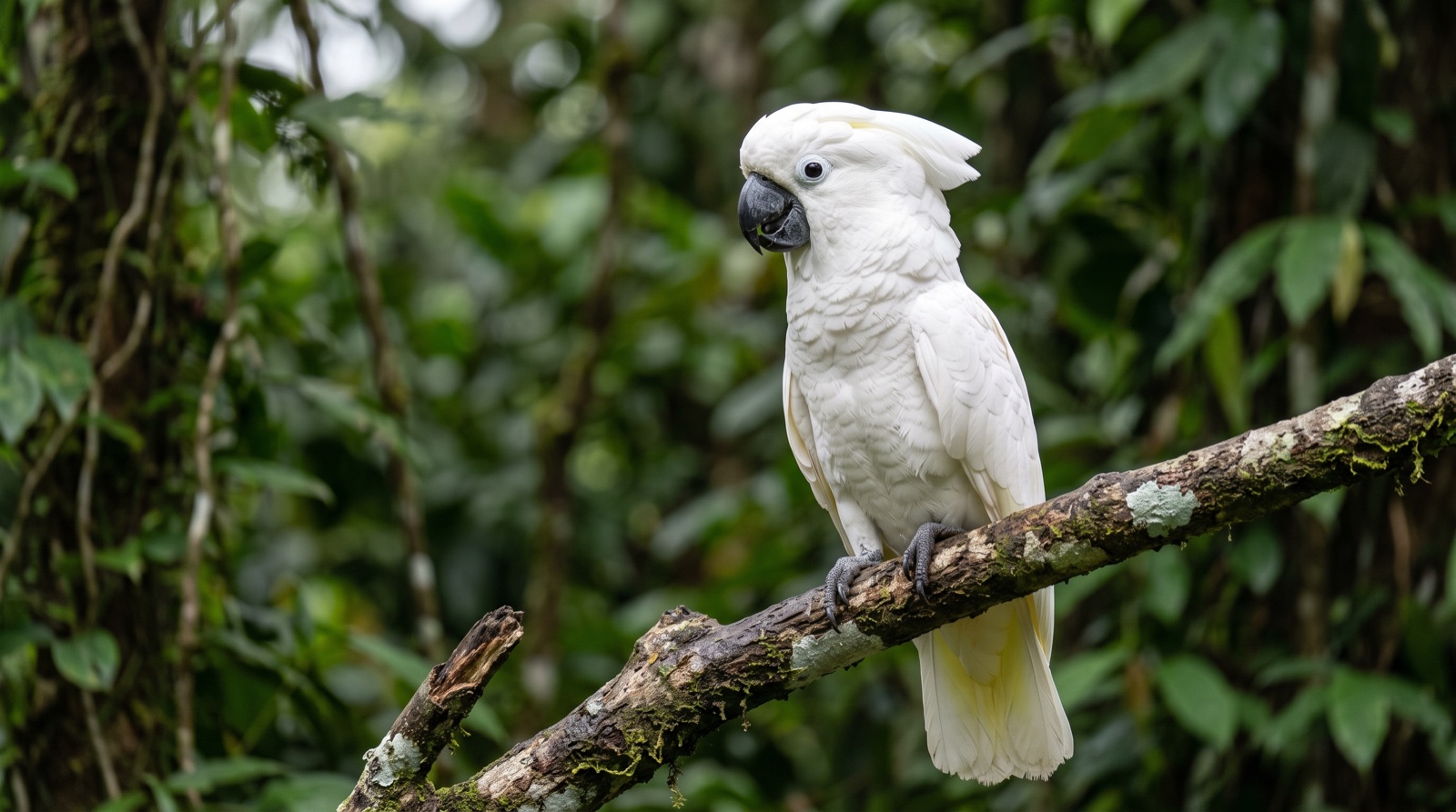 Umbrella Cockatoo showing pure white plumage, a broad backward-sweeping white crest, dark grey-black bill, dark eye, pale lemon-yellow wash on the underside of wings and tail